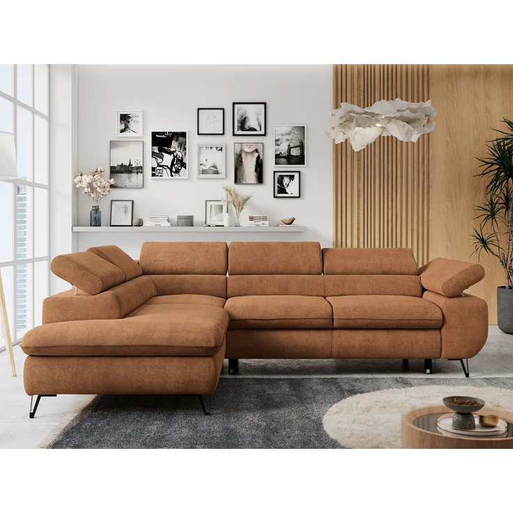 Mks Möbel 'Peter L-form' Ecksofa mit Bettfunktion, Bettkasten & einstellbaren Kopfstützen, Orange, Stoff, mit Topper, links – Bild 1
