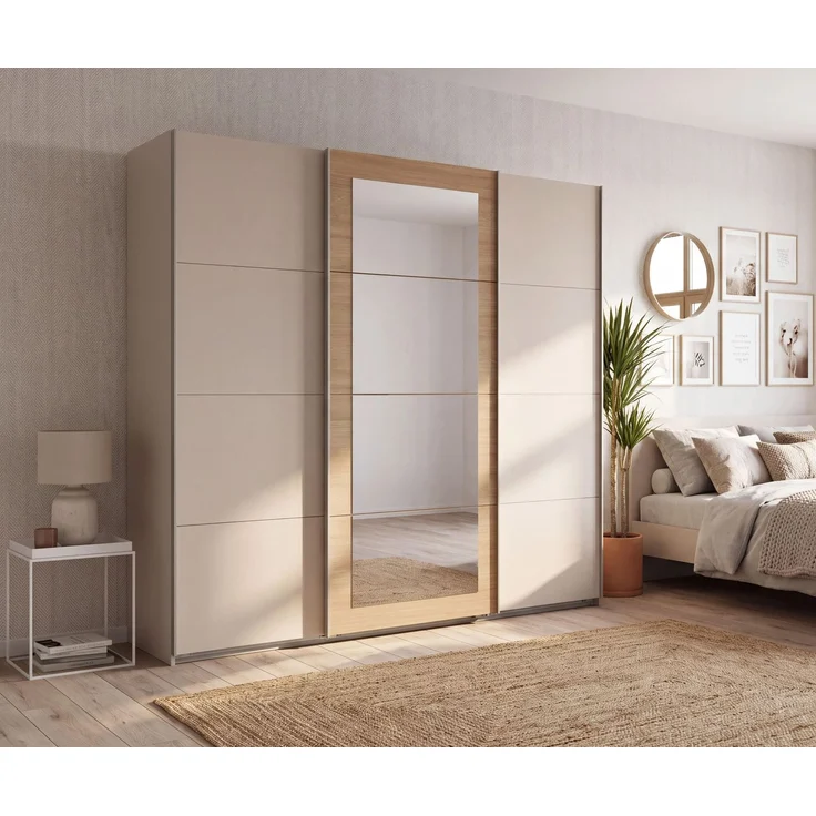 Schwebetürenschrank 3-trg. Kleiderschrank 225 cm Beige Grau, Eiche Natur Spiegel – Bild 3