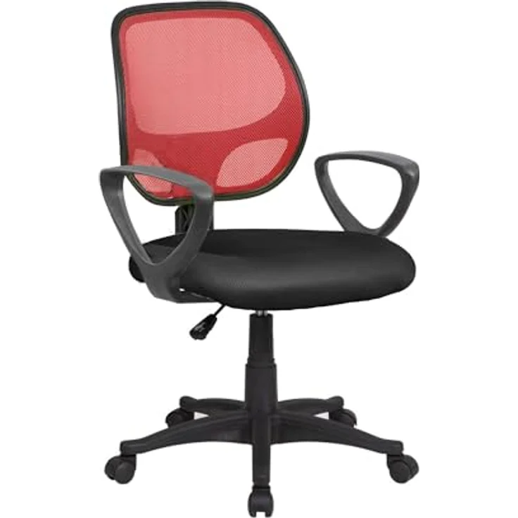 Dmora - Stuhl mit Rädern Geraldton, Mesh-Arbeitsstuhl mit Armlehnen, ergonomischer Bürositz, 56x57h88/100 cm, Schwarz und Rot – Bild 4