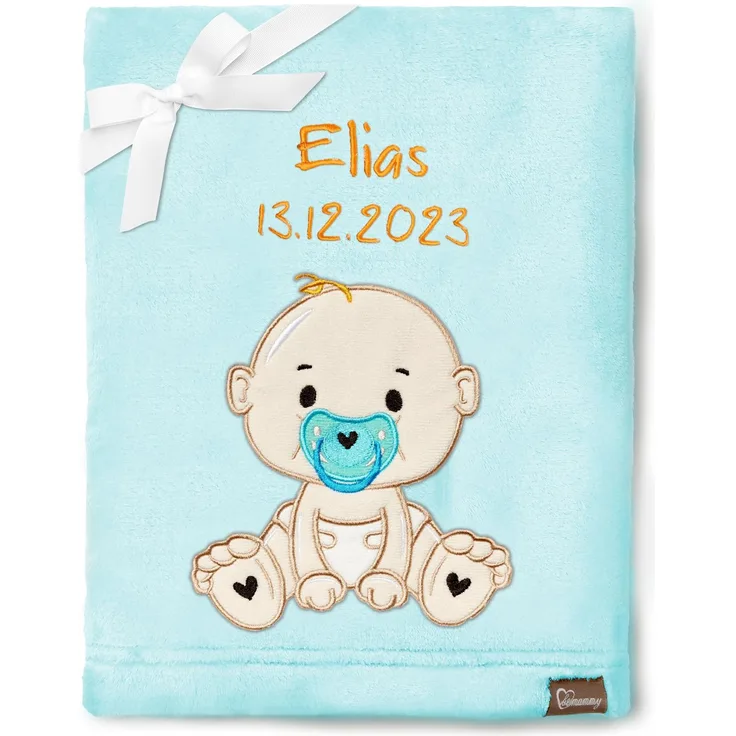 Be Mammy Personalisierte Babydecke mit 3D Applikation Warme Kuscheldecke mit Namen und Geburtsdatum; Perfektes Baby Geschenk; Blanket; Krabbeldecke BE20-280 (Puderblau - Junge)