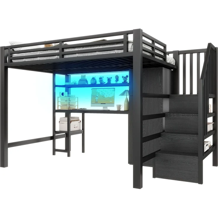 Hochbett mit RGB LED-Streifen, Schreibtisch, Treppe, Regal, Lattenrost und Kleiderschrank, 140x200 cm, Kinderbett mit Rausfallschutz, Metallbett – Bild 5