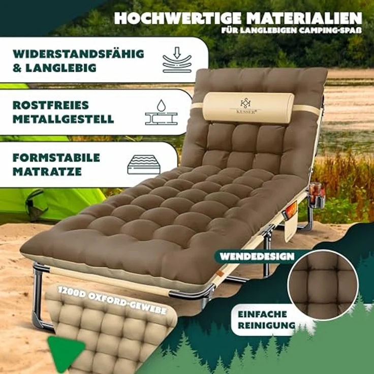KESSER® Campingbett klappbar mit Tragetasche, Nackenkissen, Vakuumtasche & Getränkehalter, Oxford-Gewebe / Stahl kaffe / creme, 68 x 190 x 30 – Bild 6