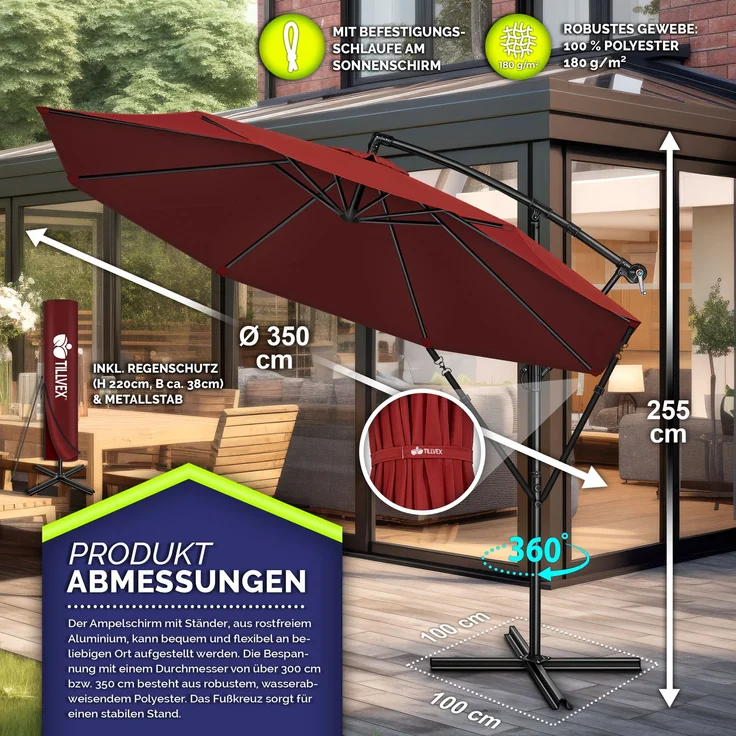 tillvex Sonnenschirm Rot Ø 350 cm Ampelschirm Gartenschirm Marktschirm Kurbel Balkon Alu Neigbar – Bild 5