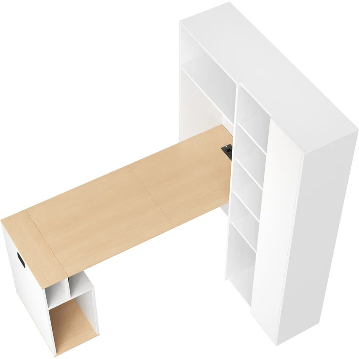Klappbarer Schreibtisch 104,5 × 30,5 × 160 cm, 2-in-1 mit Bücherregal, EU-Steckdose & USB, 2 höhenverstellbaren Ablagen, PC-Fach, MDF, Weiß – Bild 16
