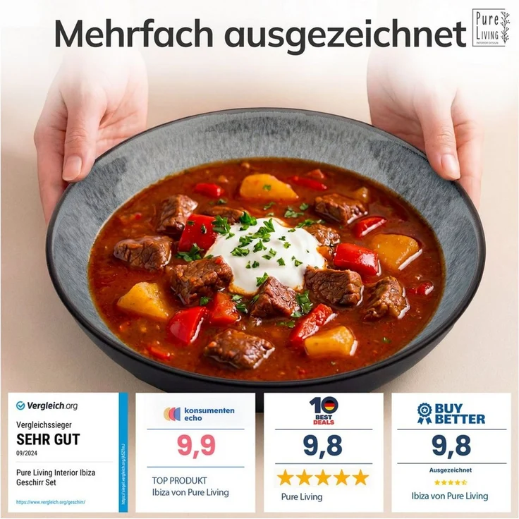 Steingut Suppenteller 6 Pers. Ibiza Hochwertiges Mediterranes TEST SEHR GUT Steingut Tiefe Teller Set - Kratzfest, Für Spülmaschine, Mikrowelle - Pasta Teller Tief Groß - Pure Living Geschirr in Grau – Bild 3