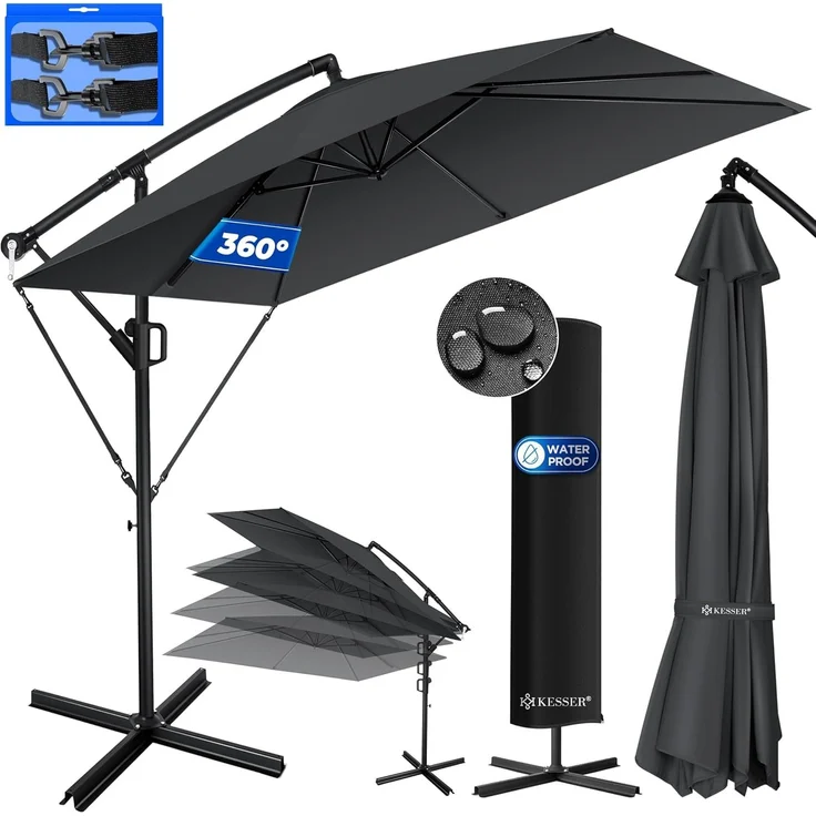 KESSER® 'Holly' Ampelschirm ohne LED Solar, inkl. Ständer, Abdeckung & Windsicherung mit Kurbel, Aluminium anthrazit, Ø 350 cm – Bild 1