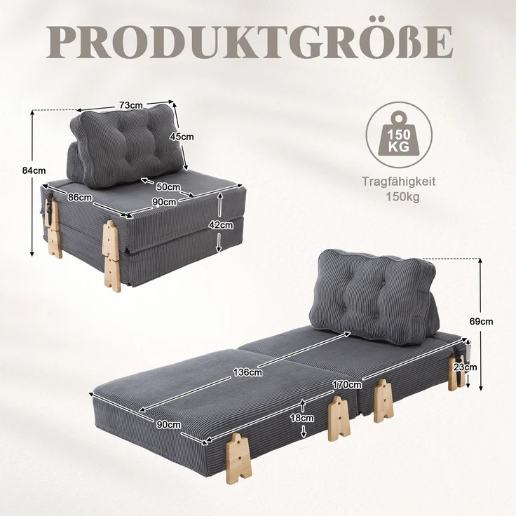 1-Sitzer Schlafsessel 90 x 86 x 84 cm aus Cord mit Schlaffunktion – Bild 5