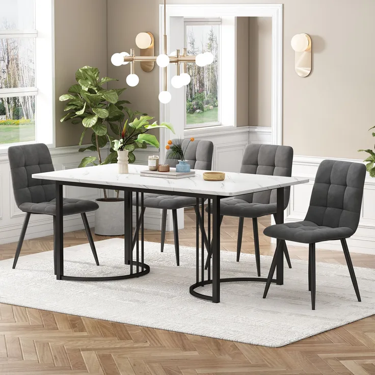 Essgruppe Set, Esstisch 140x80x75 cm mit 4 dunkelgrauen Leinenstühlen