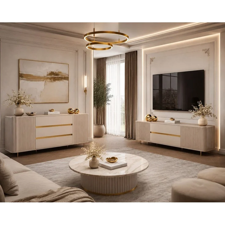 ALLHOUSE24 Wohnzimmer-Set MIRACLE V - Kommode & TV-Lowboard 180 Sandbeige mit goldenen Akzenten, (2-St, Das Set besteht aus: Kommode, TV Schrank), Breite: Kommode: 180 cm, TV-Schrank: 180 cm – Bild 1