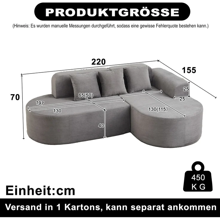 Ecksofa mit großzügiger Sitzfläche, grauer Cordbezug und geschwungenem Chaiselongue-Design,70x220x155 cm – Bild 5