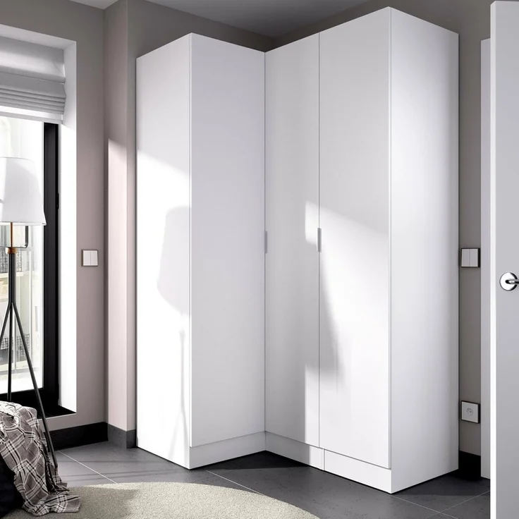 Dmora Meru, Eckschrank für Schlafzimmer, Kleiderschrank, Eckgarderobe mit 3 Flügeltüren, 133 x 91 x 184 cm, Weiß – Bild 4