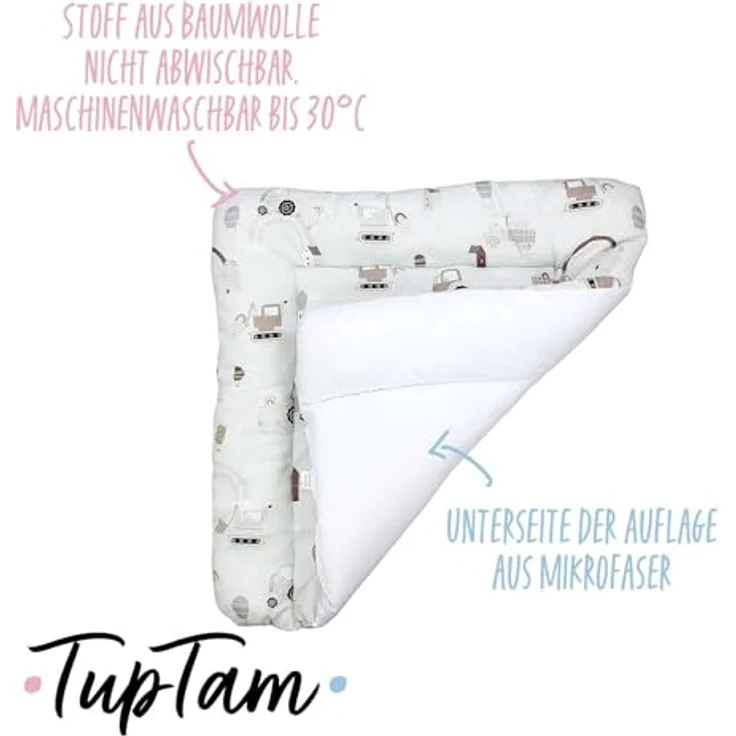 TupTam Baby Wickeltischauflage mit Baumwollbezug Gemustert, Farbe: Traktoren/Regenbögen/Beige, Größe: 75x85 cm – Bild 4