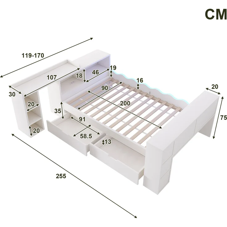 Bett 90x200 cm in Weiß mit Schubladen, LED und ausziehbarer Tischplatte, ohne Matratze – Bild 5