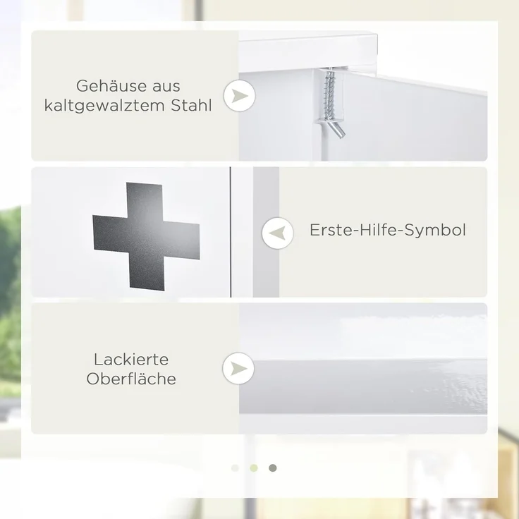 Kleankin Medizinschrank Apothekerschrank, Arzneischrank mit 3 Innenfächern (Medikamentenschrank, 1-St, Erste Hilfe Schrank) Stahl, Weiß, 30 x 12 x 60 cm – Bild 5