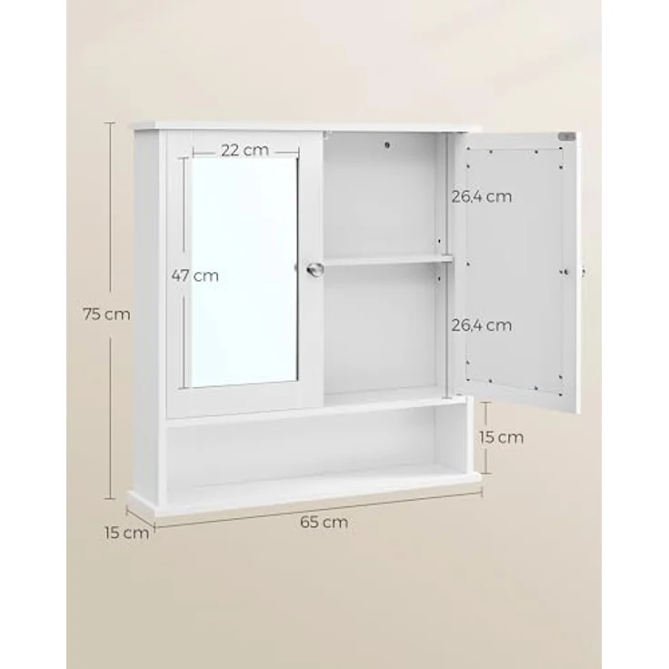 VASAGLE Spiegelschrank, Badschrank, Wandschrank, Hängeschrank mit 2 Spiegeltüren und offenem Fach, verstellbare Ablage, Wandmontage, 15 x 65 x 75 cm, weiß LHC012W01 – Bild 4