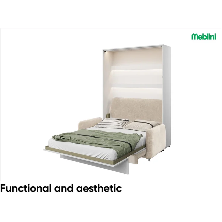 MEBLINI Schrankbett BC-01 - 140x200cm Vertikal - Weiß Matt/Beige mit Matratze - mit Sofa - Wandbett mit Lattenrost - Klappbett mit Schrank - Wandklappbett - Murphy Bed – Bild 2