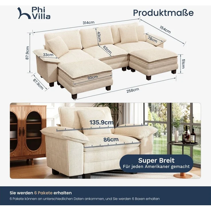 PHI VILLA Ecksofa L-Form Couch, 4-6-Sitzer-Sofa, Modulare Sofas inklusive Zierkissen und Ottomane für das Wohnzimmer – Bild 2