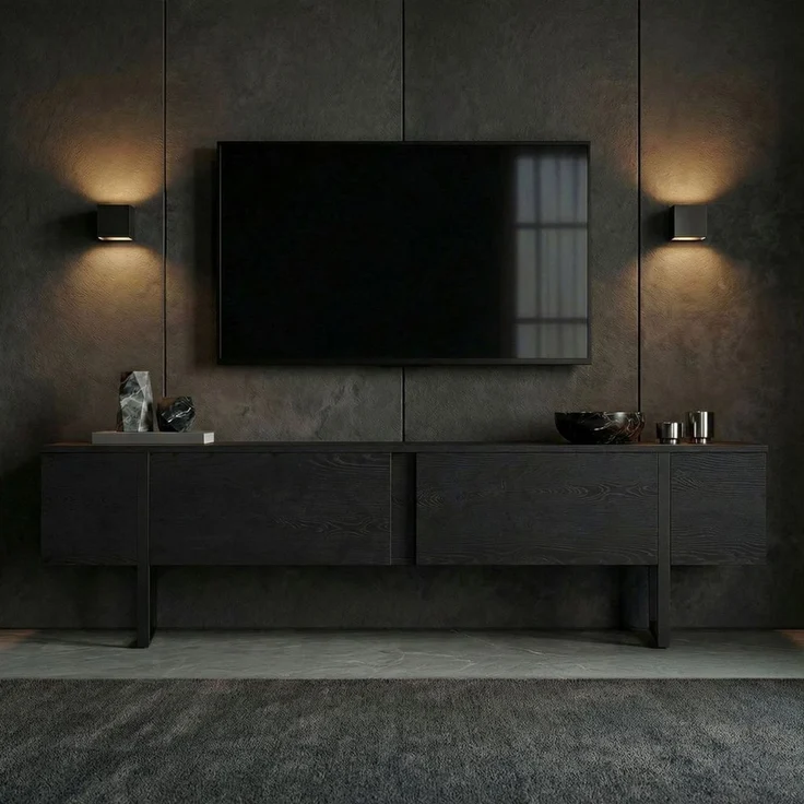 Modern Industrial TV Stand, Black Wood Finish, 180 x 50 x 30 cm | 100% Melamine Coated Particle Board, 18 mm Thickness | Stylish & Functional Design for Living Room & Entertainment Spaces – Bild 3