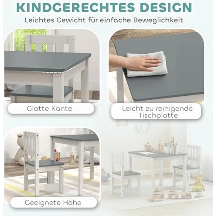 AIYAPLAY Kindersitzgruppe Kindertisch mit 2 Stühlen, (Sitzgruppe für Kinder, 3-tlg, Kindertisch mit 2 Stühlen), für Kinderzimmer, Kindergärten, 56 x 52 x 48 cm Grau – Bild 3