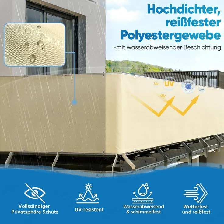Sekey Balkon Sichtschutz Balkonabdeckung Balkonverkleidung blickdichte Wind- und UV-Schutz, 100% Privatsphäre, mit Ösen, Nylon Kabelbinder und Kordel, 75x300cm, Beige – Bild 3