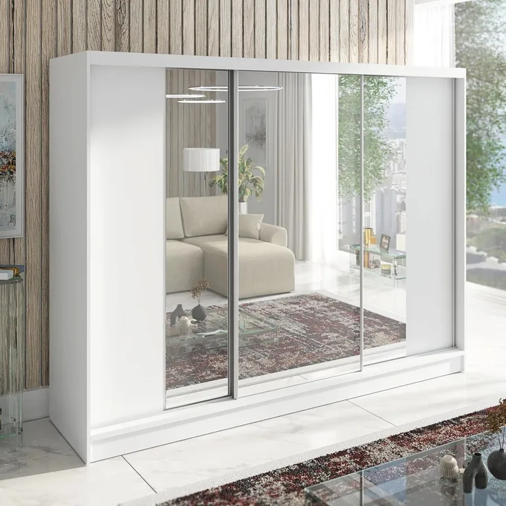 Schwebetürenschrank VENA 3-türig Schrank 200 cm (mit Spiegel) Farbe: Weiß