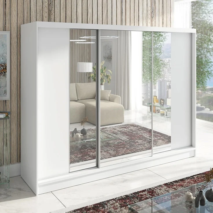 Schwebetürenschrank VENA 3-türig Schrank 200 cm (mit Spiegel) Farbe: Weiß – Bild 1
