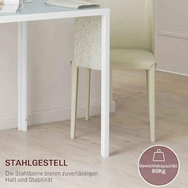 HOMCOM Esstisch für 4 Personen, aus Hartglas (Esszimmertisch, 1-St, Küchentisch), bis 80 kg belastbar, für Küche, Esszimmer, 75 x 75 x 75 cm, Weiß – Bild 6