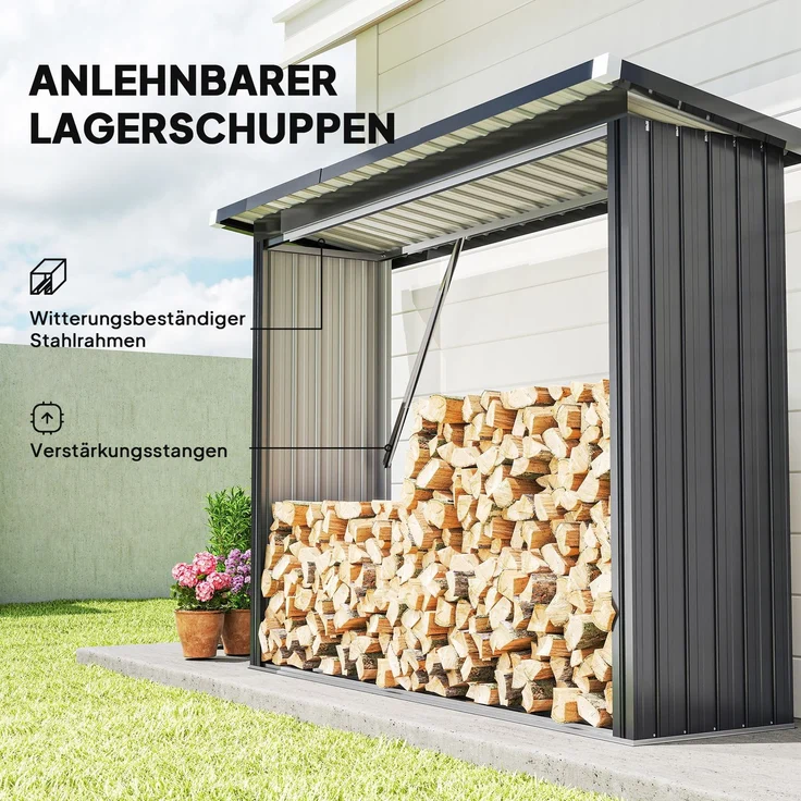 Outsunny Kaminholzregal, Verzinkter Stahl, Dunkelgrau, 213L x 66,5B x 150H cm – Bild 4