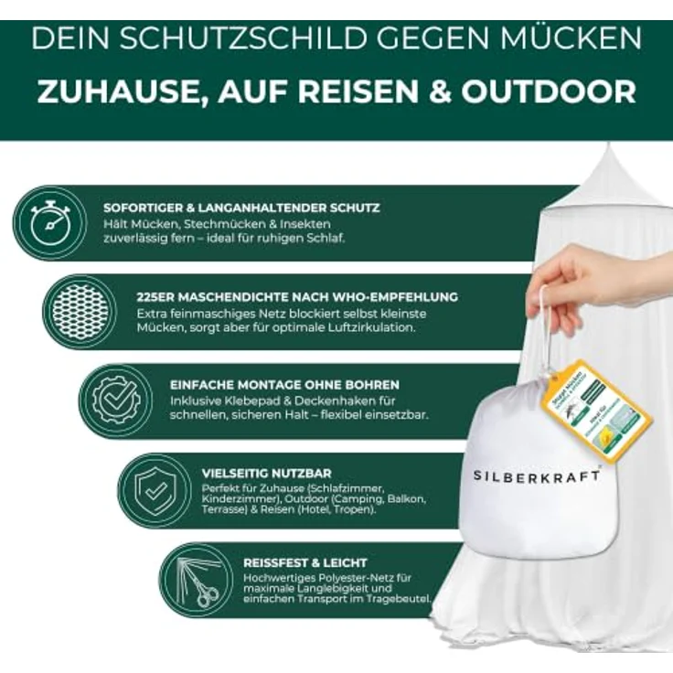 Silberkraft Moskitonetz mit Klebehaken, reißfestes Polyester, für Bett, Reisen und Camping, 225er Mesh, 1-tlg, mit Tragebeutel – Bild 8