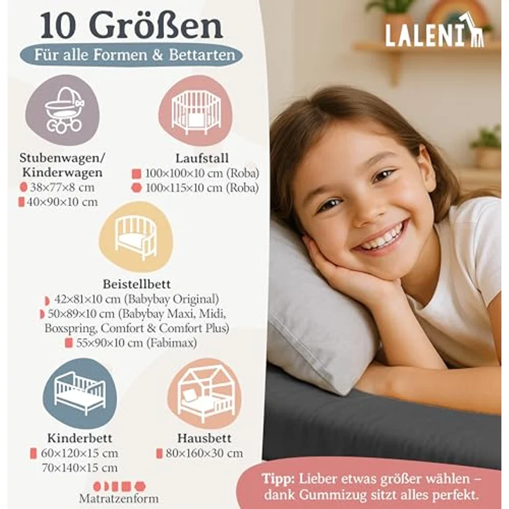 Laleni Jersey Spannbettlaken 80x160 cm Babybett - Oeko-TEX zertifiziertes Hausbett Spannbettlaken - Kinder Hausbett Bezug aus 100% Baumwolle - Spannbettlaken Hausbett - für Babynest in Anthrazit – Bild 3