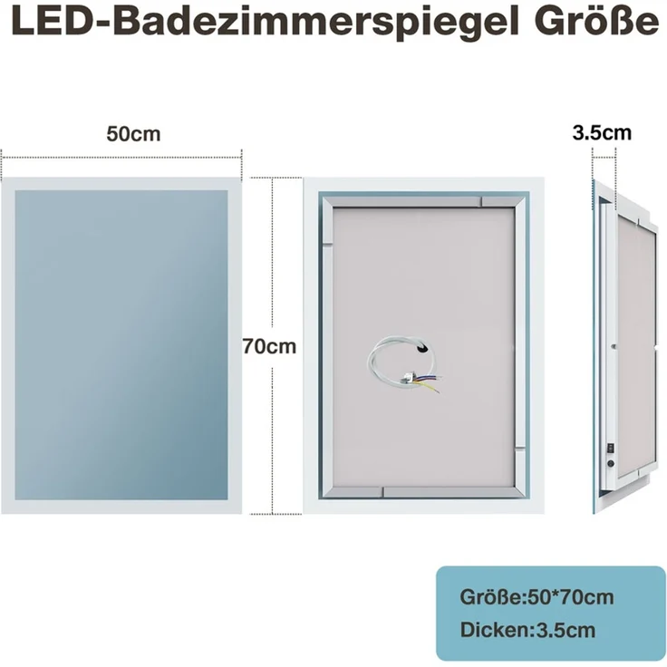 Gimbelen LED Badspiegel 50x70 cm, Badezimmerspiegel mit Beleuchtung, Tastenschalter, Antibeschlag, 2 Lichtfarben (3000K/6500K) & Speicherfunktion, explosionsgeschützt, IP44, Silber – Bild 8