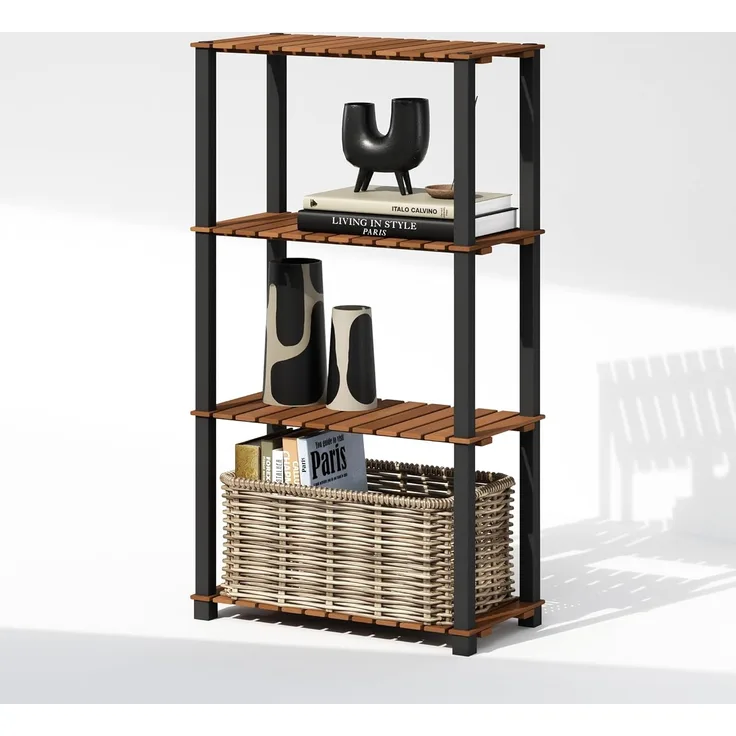 Furinno Turn-N-Tube Ausstellungsregal, 4-stufiges Aufbewahrungsregal, Bücherregal, Eckregal mit Holzlatten, für Innenbereich, Außenbereich, Wohnzimmer, Helles Holz