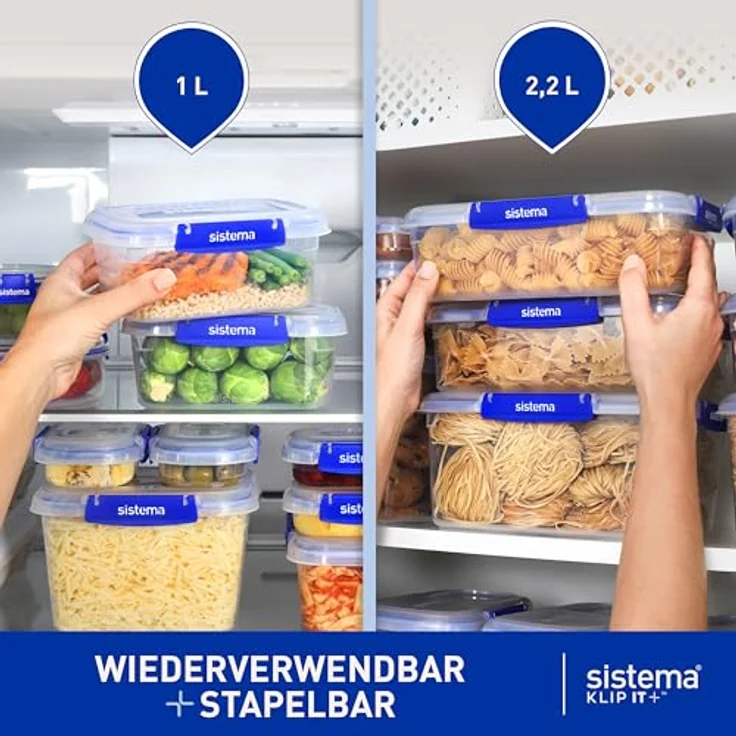 Sistema KLIP IT PLUS auslaufsichere Vorratsdosen | 2x1L & 2,2 L | luftdichte und stapelbare & ineinander stellbare Frischhaltedosen für Meal Prep mit Deckel | Brotdosen für Pause | BPA-frei, 3 Stück – Bild 4