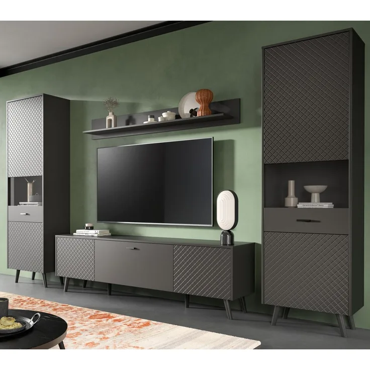 Inn. Furn Wohnwand Madea, (Schrankwand in mattem Grau, 4-teilig, 330 x 195 cm), mit Rautenfräsung, Push-To-Open
