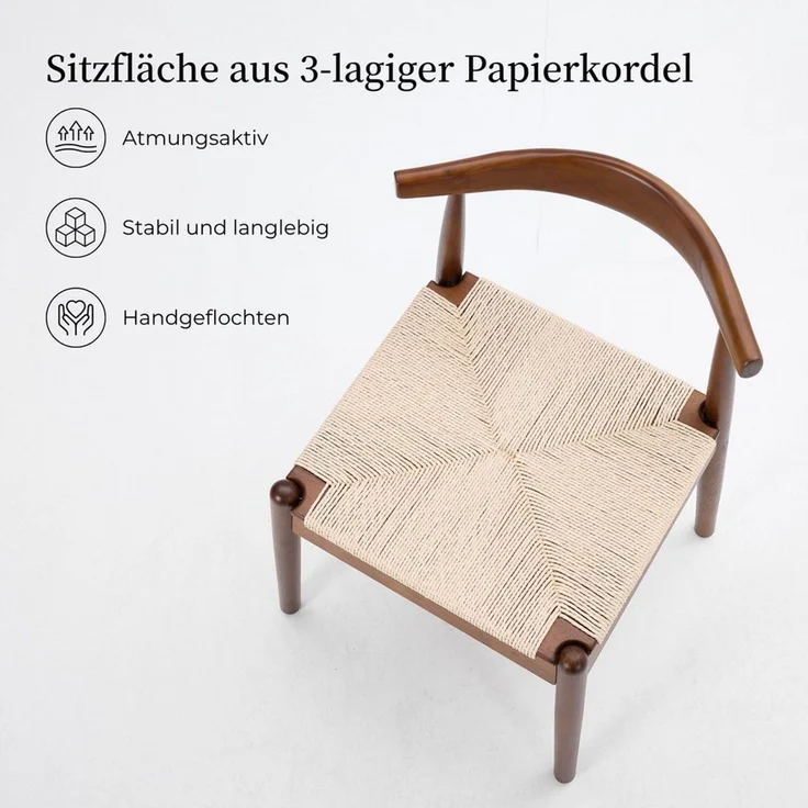 SeedWave Esszimmerstuhl Holz-Esszimmerstühle 2er Set mit Papierkordel-Sitzfläche (2er Set), Armlehnenlose Stühle mit gebogener Rückenlehne – Bild 3