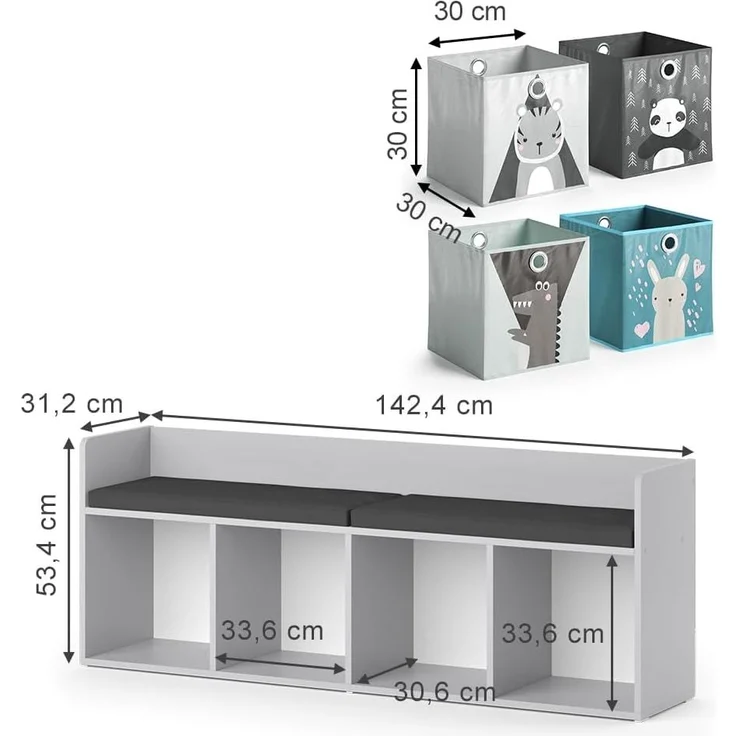 Kindersitzbank Luigi Weiß 107.2 x 88.6 cm 4 Fächer, mit Faltboxen grau Vicco – Bild 3