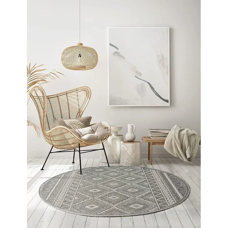 the carpet Calgary - robuster Teppich, Flachgewebe, modernes Design, ideal für Küche und Esszimmer, Vintage-Optik, Boho-Style, besonders flach, auch für den Außenbereich, Grau-Raute, 160 cm Rund – Bild 1
