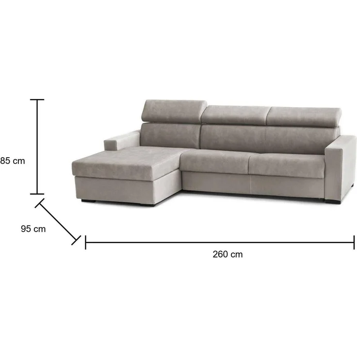 Talamo Italia - Schlafsofa mit Halbinsel Aleandra, Sofà mit Sinistra-Stauraum-Halbinsel, schmale Armlehnen, 100 % Made in Italy, 260 x 95 x 85 cm, Tortora – Bild 2