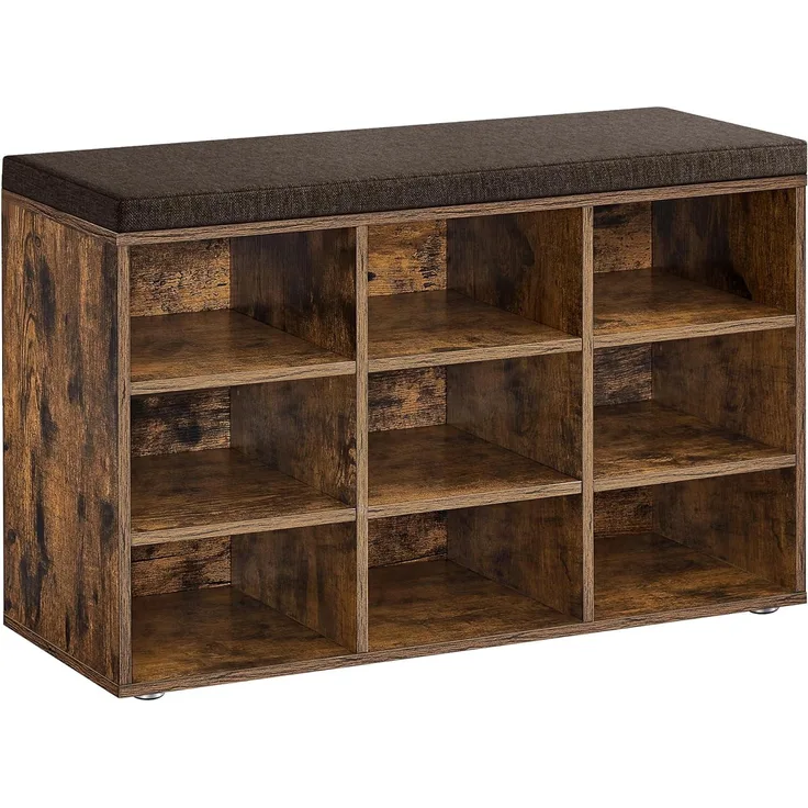 VASAGLE Schuhbank, Schuhregal mit Sitzfläche, Sitzbank mit Stauraum, Kissen, 9 Fächer, verstellbare Ablagen, für Wohnzimmer, Flur, 30,3 x 78,5 x 48 cm, vintagebraun LHS009B01