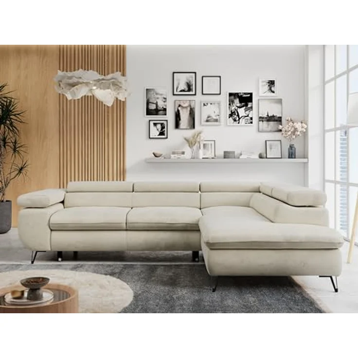 Mks Möbel 'Peter L-form' Ecksofa mit Bettfunktion, Bettkasten & einstellbaren Kopfstützen, Beige, Velours, rechts – Bild 3