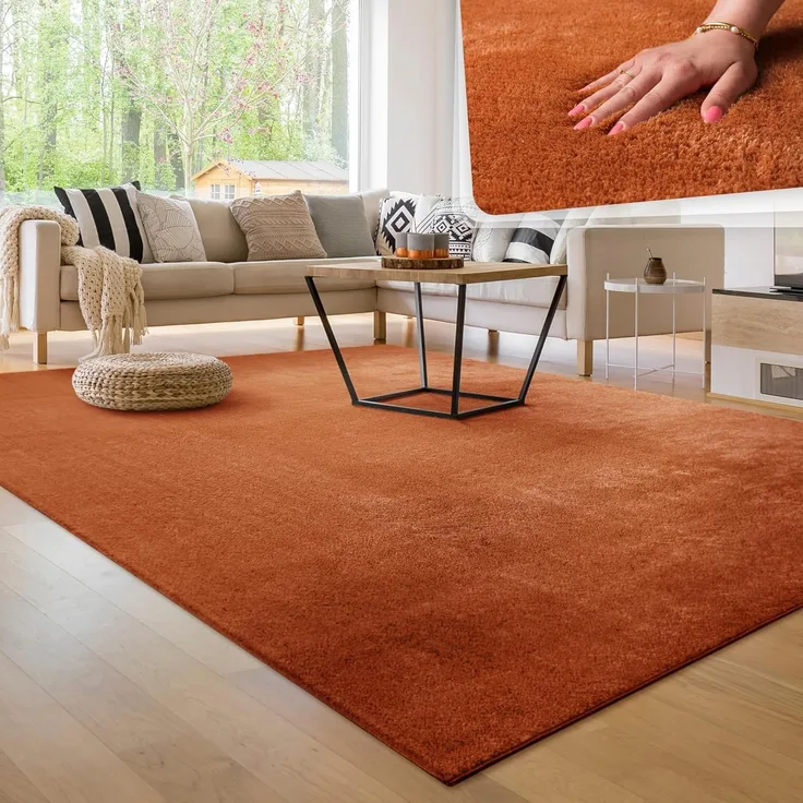 Paco Home Waschbarer Teppich Wohnzimmer Schlafzimmer Kurzflor rutschfest Flauschig Weich Moderne Einfarbige Muster, Grösse:140x200 cm, Farbe:Kupfer