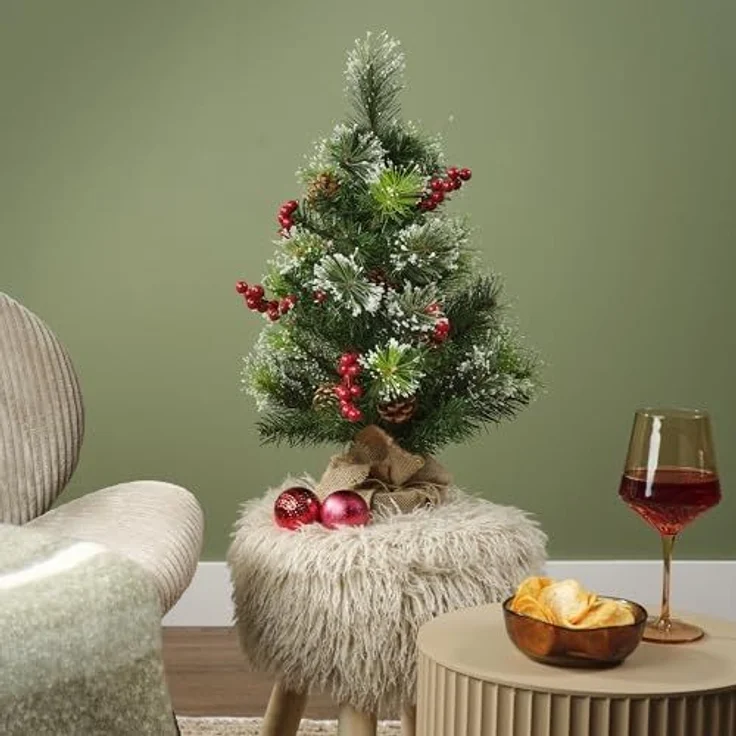 Kaemingk Künstlicher Weihnachtsbaum, Tannenbaum künstlich mit Beeren und Zapfen im Jutesack 60cm - Grün – Bild 2