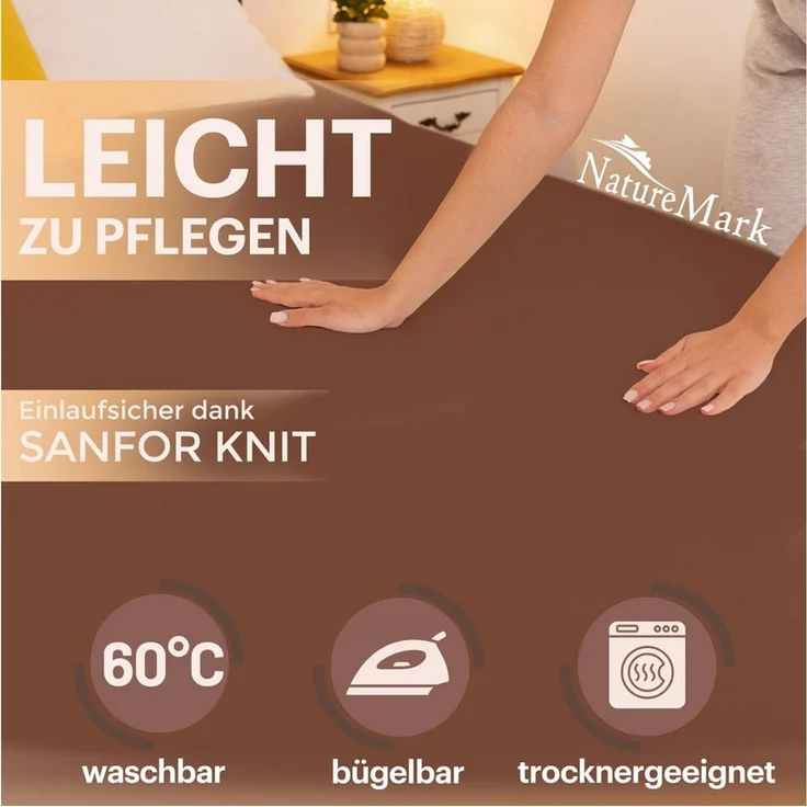 NatureMark Spannbettlaken Jersey Basic Spannbetttuch, 100% Baumwolle, Gummizug: rundum, (1 Stück), in vielen Größen und Farben, bis 25cm Steghöhe, 120x200 cm, Braun – Bild 2