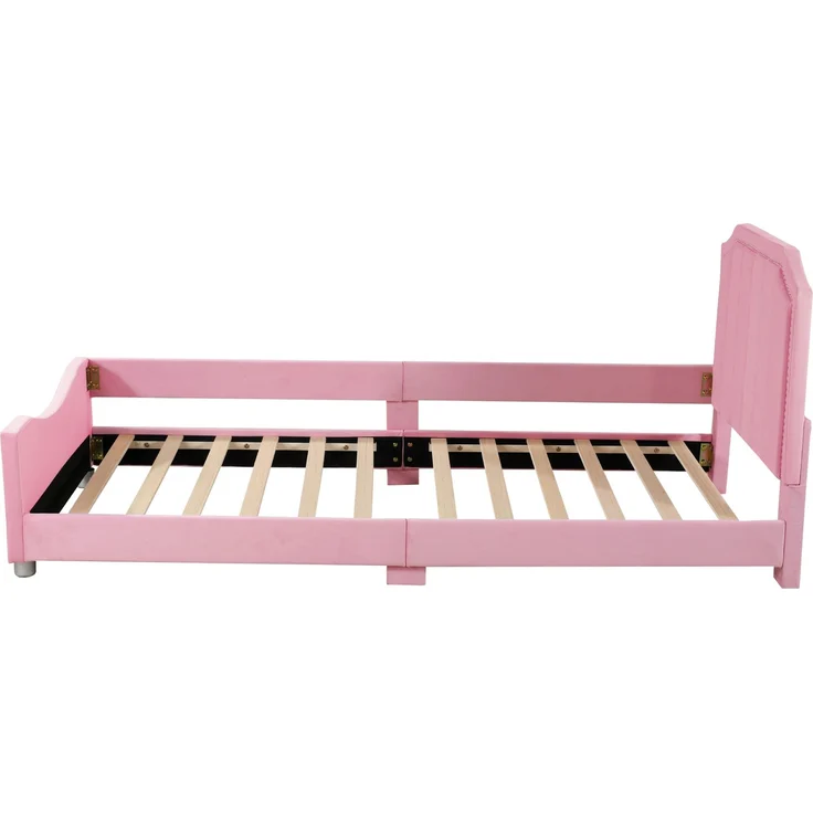 Kinder Polsterbett mit Bogendesign, Flanellbezug, dekorativen Nieten, weichem Rahmen, vielseitig nutzbar als Schlafsofa – Bild 7