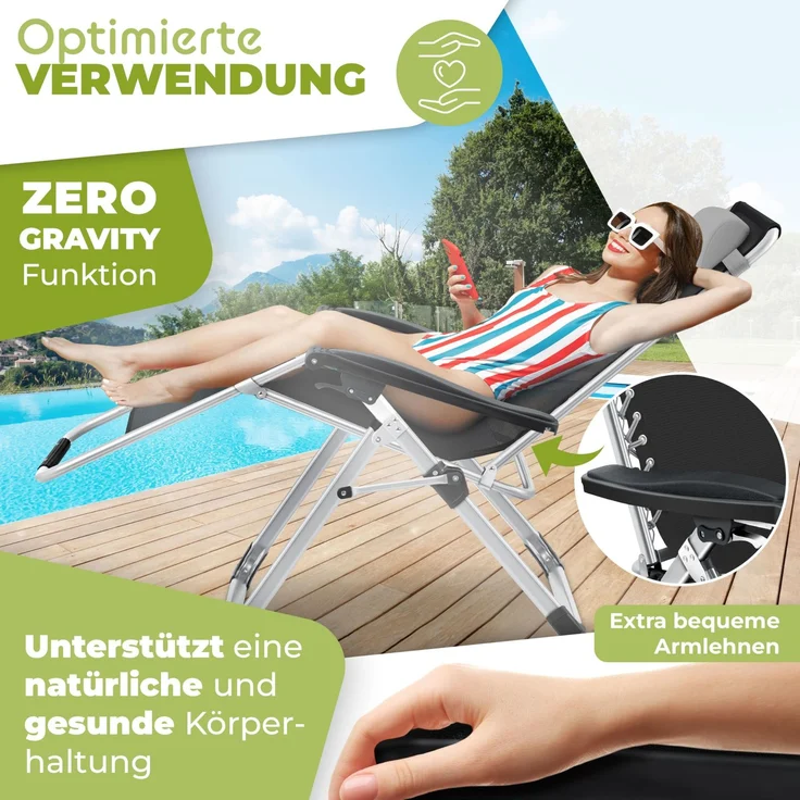 KESSER® Sonnenliege Liegestuhl Klappbar Mit Getränkehalter Gartenstuhl Mit Auflage Polster, Liegestuhl, Extra groß Gartenliege, Verstellbar Rückenlehne Garten Liege mit Kissen-Unterstützung Grau – Bild 3