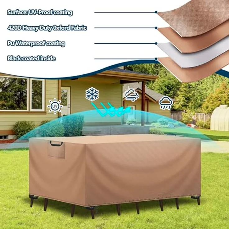 Aujink Abdeckung Gartenmöbel Winterfest, Wasserdichte Schutzhülle Gartenmöbel 420D Oxford Anti-UV Abdeckplane für Gartentische Terrassenmöbel Regenschutz und Staubfest Abdeckhaube Khaki 150 x 90 x 75 cm – Bild 6