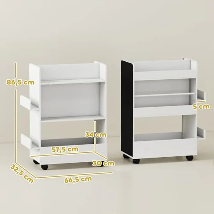 AIYAPLAY Regal doppelseitiges Kinderregal mit 4 Regalen, Bodenfach, 2 Seitenteile, Kinder Bücherregal 1-tlg, mit Tafel, Rollen, für Kinderzimmer, Spielzimmer, für 3–8 Jahre, Weiß – Bild 3