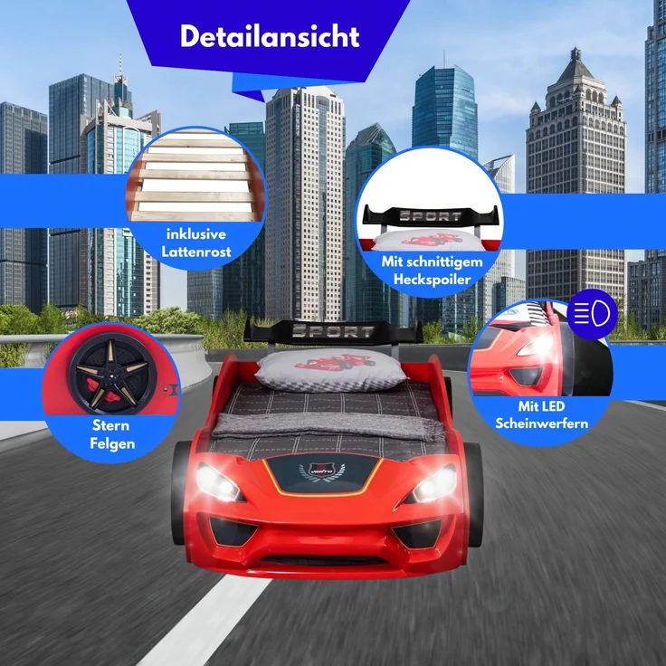 Autobett VENTO Kinderbett 90x200 cm Rennwagen-Bett inkl Lattenrost, Spoiler, LED-Licht, Farbe Rot – Bild 3
