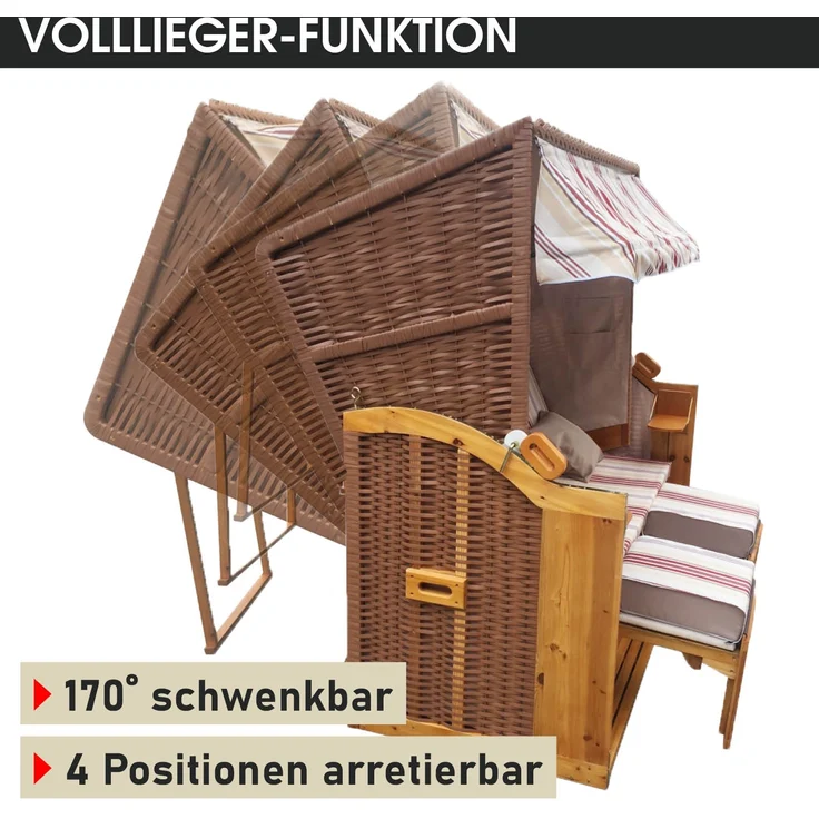 BRAST Strandkorb, Ostsee 3-Sitzer, XXL Volllieger inkl. Schutzhülle, Poly-Rattan, Rot/Beige gestreift, 165 x 160 x 79 cm – Bild 8