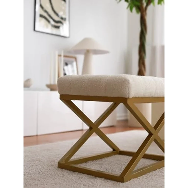 Atelier Del Sofa Stylish Pouffe with Metal Frame, Cream Teddy Fabric, 50 x 42 x 40 cm | Durable & Comfortable Seating for Modern Living Rooms & Bedrooms – Bild 6